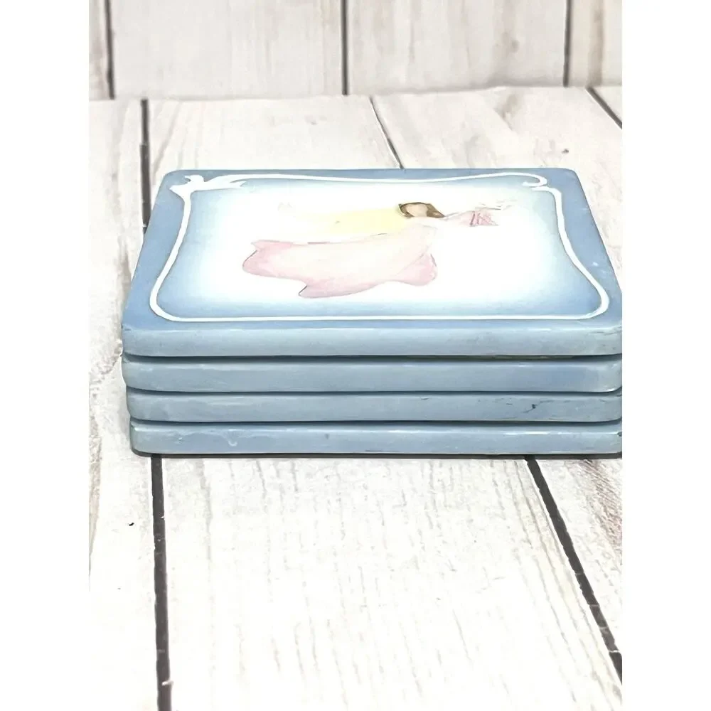 VTG Cottagecore Angel Tile Coasters Raised Ceramic Peace Dove Cork Back Set 4